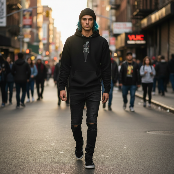 Person wearing a black hoodie and ripped jeans walking on a busy city street. Picture of zebra wearing a suit with text Not a horse